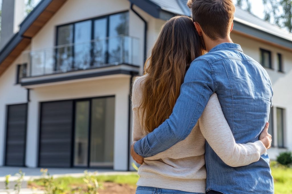 Couple enjoying the moment in front of their big new home, with mortgage and home loan in hand